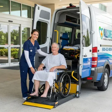 Medical transport specialist assisting post-operative patient into comfortable transport vehicle