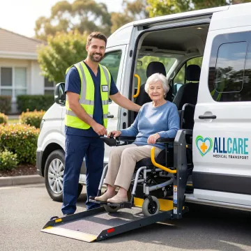Medical transport specialist assisting elderly patient in wheelchair preparing for dialysis appointment