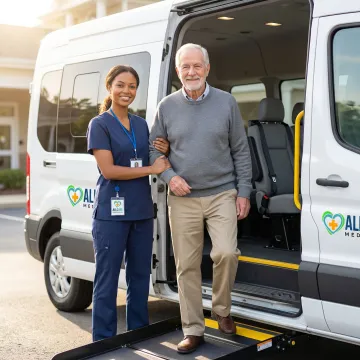 Caring medical transport specialist assisting elderly patient into wheelchair-accessible vehicle