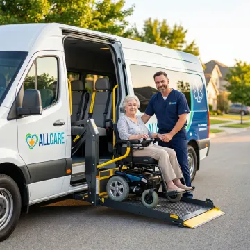 Professional medical transport vehicle with wheelchair lift assisting patient