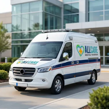 Professional medical transport vehicle with branding parked outside modern healthcare facility