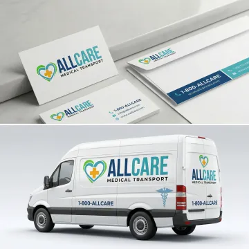 Healthcare branding materials including business cards and vehicle wraps for medical transport company