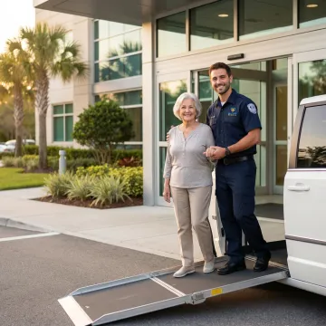 Medical transport vehicle assisting elderly patient outside Orlando hospital