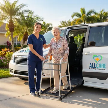 Compassionate medical transport specialist assisting elderly woman into vehicle