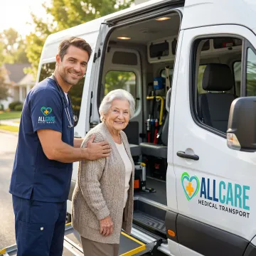 Caring medical transport specialist assisting elderly patient