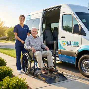 Professional medical transport van assisting senior citizen with wheelchair
