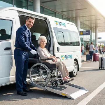 Medical transport vehicle at Orlando International Airport terminal