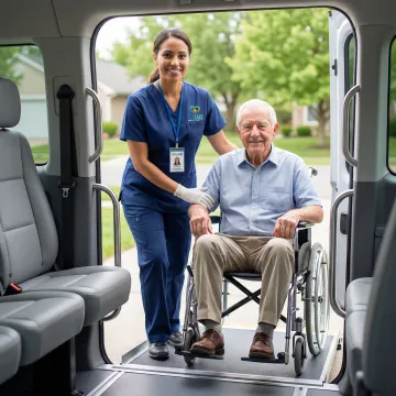 Medical transport specialist assisting elderly patient into wheelchair van