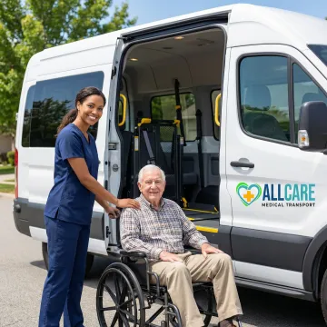 Medical transport specialist assisting senior patient with wheelchair into modern accessible vehicle