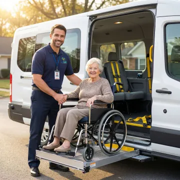 Senior citizen being assisted into wheelchair-accessible medical transport vehicle