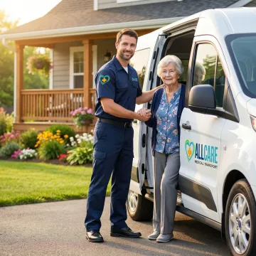 Elderly patient smiling with caring medical transport staff member