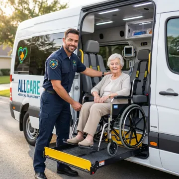 Professional medical transport driver assisting senior citizen into specialized vehicle for doctor's appointment