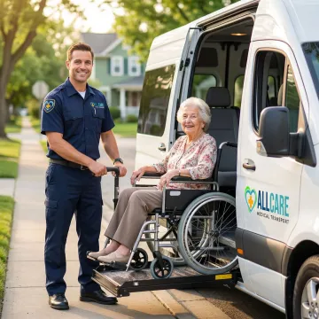 Professional wheelchair medical transport specialist assisting elderly passenger into accessible van