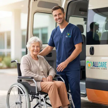 Compassionate medical transport specialist helping senior patient in wheelchair