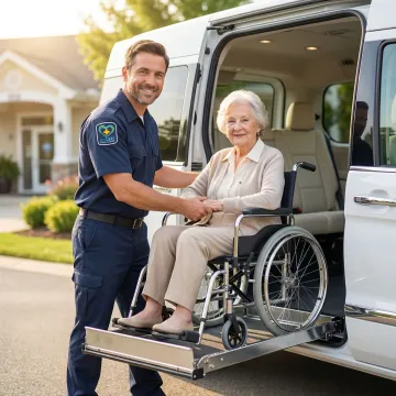 Professional caregiver assisting senior citizen in wheelchair into accessible medical transport vehicle