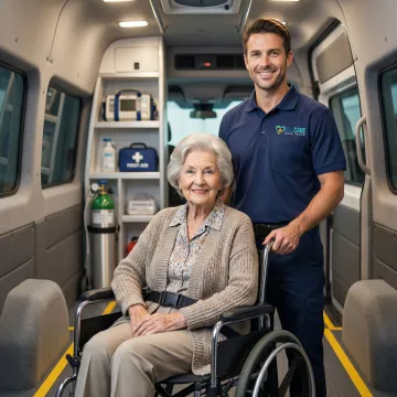Senior woman smiling comfortably in wheelchair inside clean medical transport vehicle