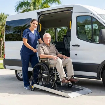 Compassionate medical transport specialist assisting elderly passenger in wheelchair into accessible vehicle