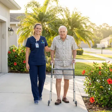 Medical transport specialist helping elderly woman with walker into accessible vehicle