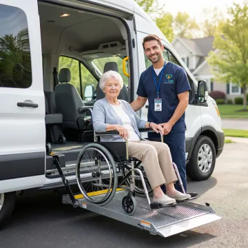 Medical transport specialist assisting elderly passenger into wheelchair-accessible vehicle
