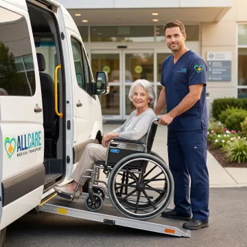 Senior patient being safely assisted into medical transport vehicle by certified caregiver