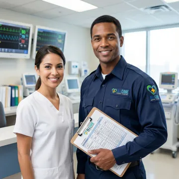 Medical transport specialist reviewing patient discharge paperwork with hospital staff