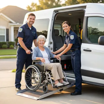 Medical transport specialist assisting patient from wheelchair into vehicle