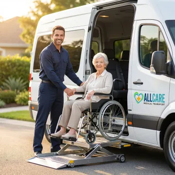 Professional medical transport vehicle with wheelchair lift assisting elderly passenger