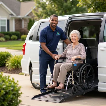 Medical transport specialist assisting senior patient into wheelchair van