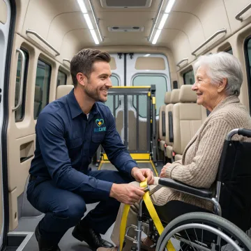 Caring medical transport driver assisting elderly patient with wheelchair
