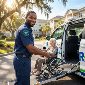 Professional medical transport van assisting elderly passenger in Statesboro