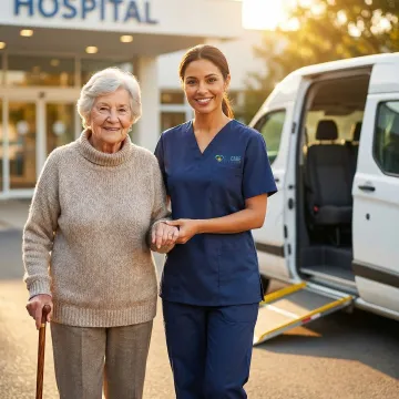 Senior woman smiling while being assisted by professional medical transport driver
