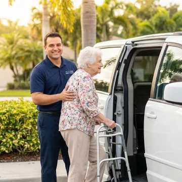 Professional medical transport specialist assisting senior citizen into accessible vehicle for doctor appointment