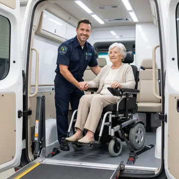 Professional medical transport specialist assisting senior citizen with care and respect