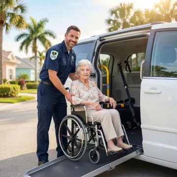 Senior being assisted into wheelchair-accessible medical transport van in New Smyrna Beach