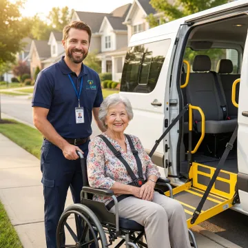 Transport specialist helping senior patient into wheelchair-accessible vehicle