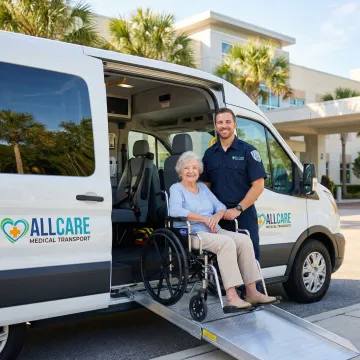 Professional medical transport vehicle arriving at a Deland medical facility