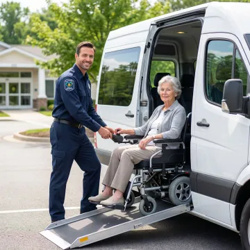 Professional medical transport van assisting elderly passenger