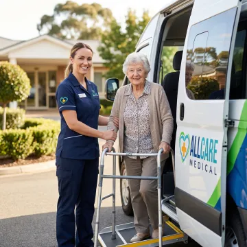 Caring medical transport specialist assisting elderly woman