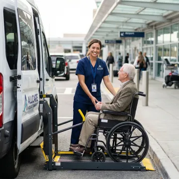 Certified medical transport specialist assisting elderly passenger into wheelchair-accessible vehicle at airport