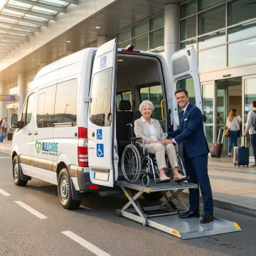 Medical transport vehicle arriving at Daytona Beach airport terminal for patient pickup