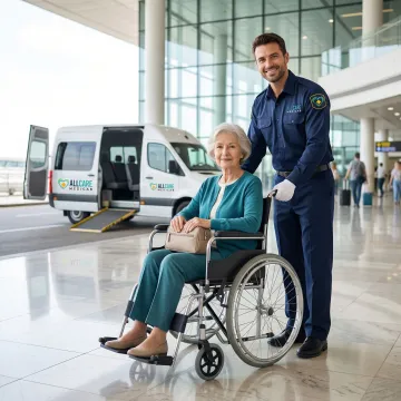 Certified medical transport specialist assisting elderly passenger from wheelchair into airport terminal