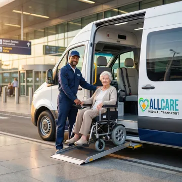 Medical transport vehicle at Gainesville Regional Airport providing wheelchair accessible service