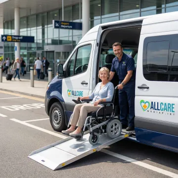 Wheelchair-accessible van at Florida airport terminal with ramp extended for boarding