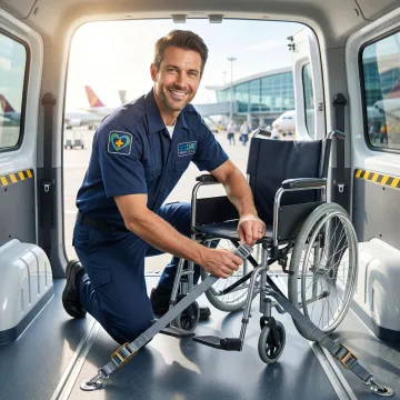 Transport specialist securing wheelchair in accessible vehicle at airport