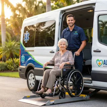 Medical transport specialist assisting elderly passenger into accessible vehicle