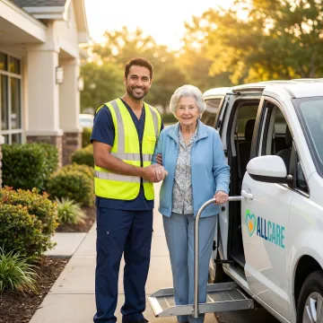 Medical transport specialist assisting elderly patient into vehicle
