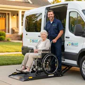 Wheelchair-accessible medical transport van with senior passenger and caring transport specialist in Palatka