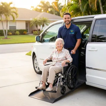 Caring transport specialist helping elderly passenger into wheelchair-accessible van in Palatka neighborhood