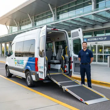 Medical transport vehicle at airport terminal with wheelchair accessibility