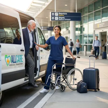 Medical transport specialist assisting passenger at airport